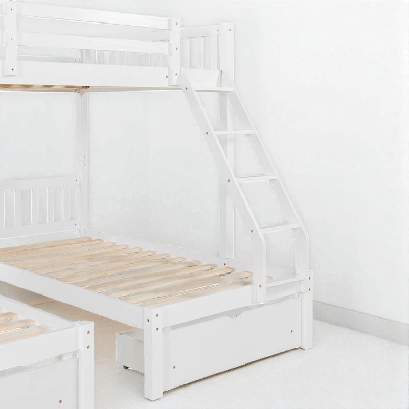 Full Over Twin & Twin Triple Bunk Bed with Drawers, Wooden 3 Beds in 1 with Guardrails and Storage