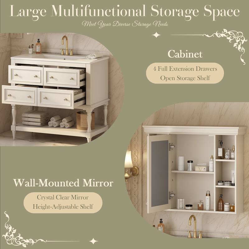 36"" Bathroom Vanity with Ceramic Sink and Medicine Cabinet, 4 Drawers, Storage Shelf, Solid Wood Frame,Bathroom Cabinet Set