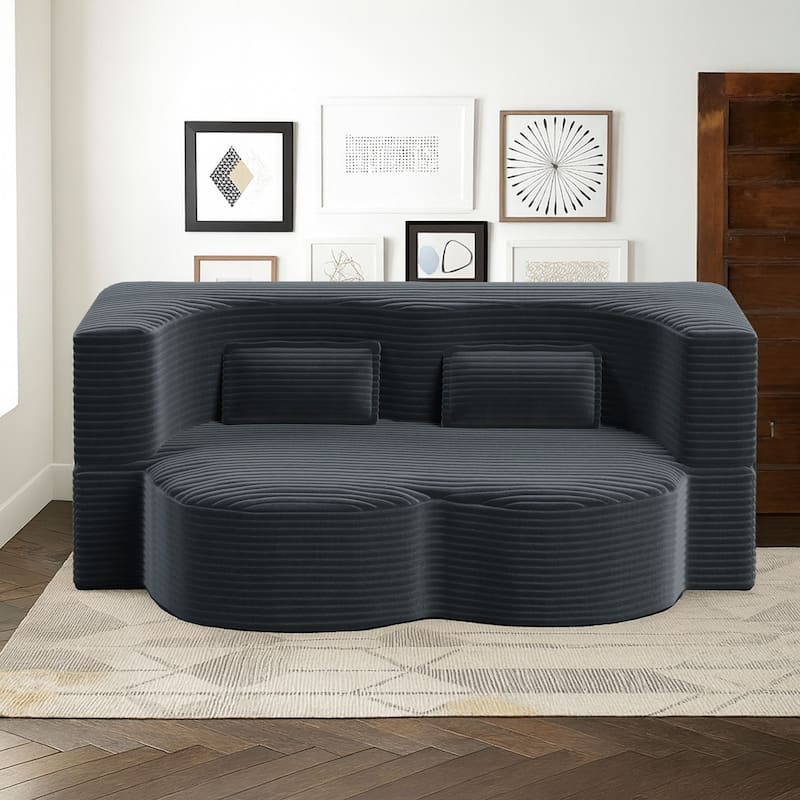 Modern Minimalist Compressed Upholstered Convertible Two-Seater Sofa Bed with 2 Pillows - Dark Grey Corduroy