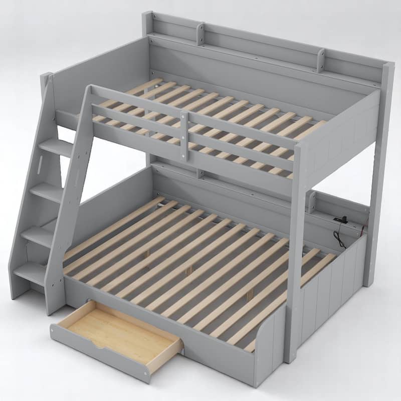 Twin Over Full Bunk Bed with Storage Shelves, LED Lights, Charging Station, and Drawer, kid bed,Storage bed
