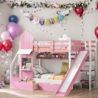 Playhouse Inspired Twin-Over-Twin Castle Style Bunk Bed with 2 Drawers 3 Shelves and Slide
