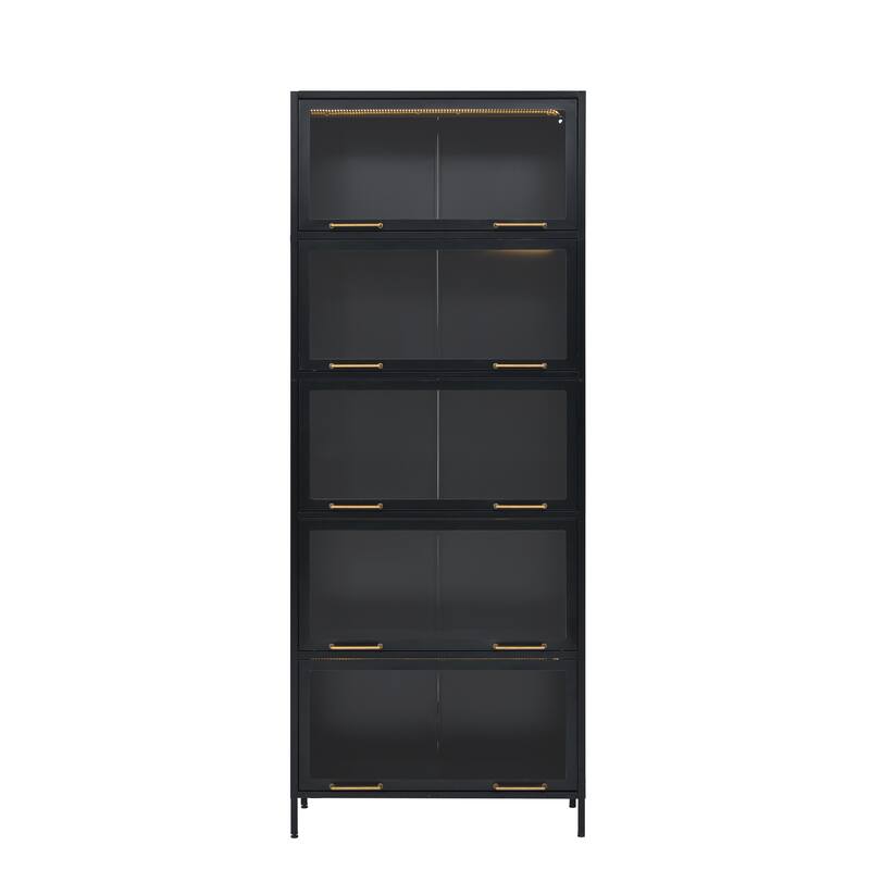 78.75'' Tall Iron Display Cabinet with Glass Doors, 5-Tier Steel Barister Bookcase with LED Lights for Collectibles, Mod