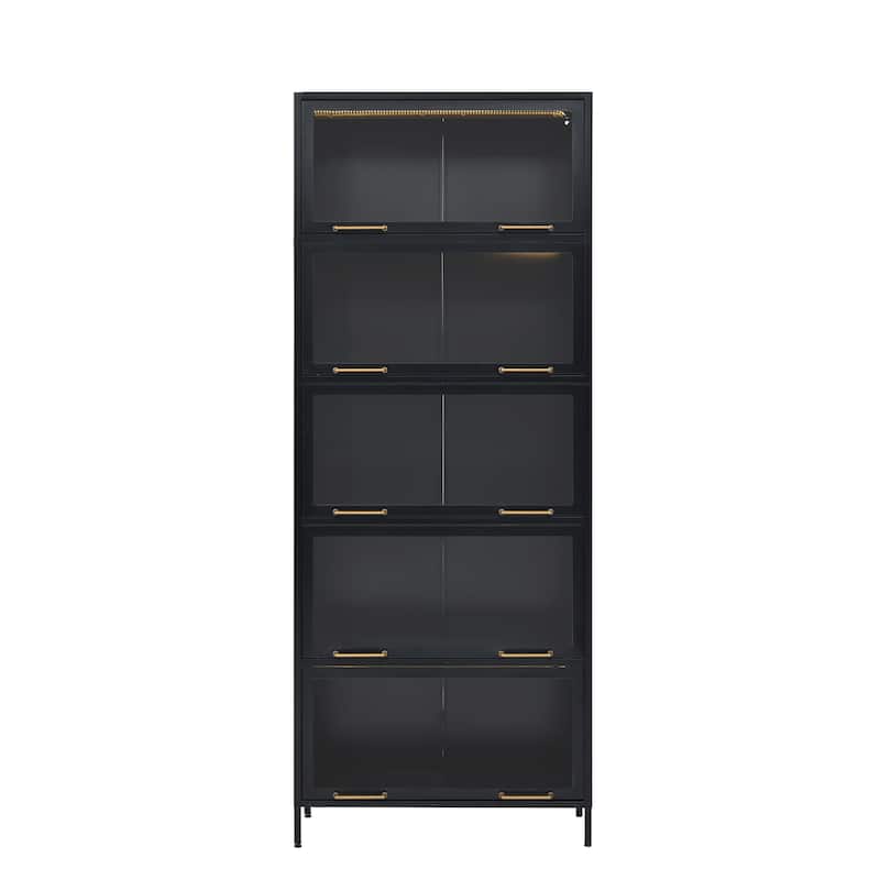 78.75'' Tall Iron Display Cabinet with Glass Doors, 5-Tier Steel Barister Bookcase with LED Lights for Collectibles