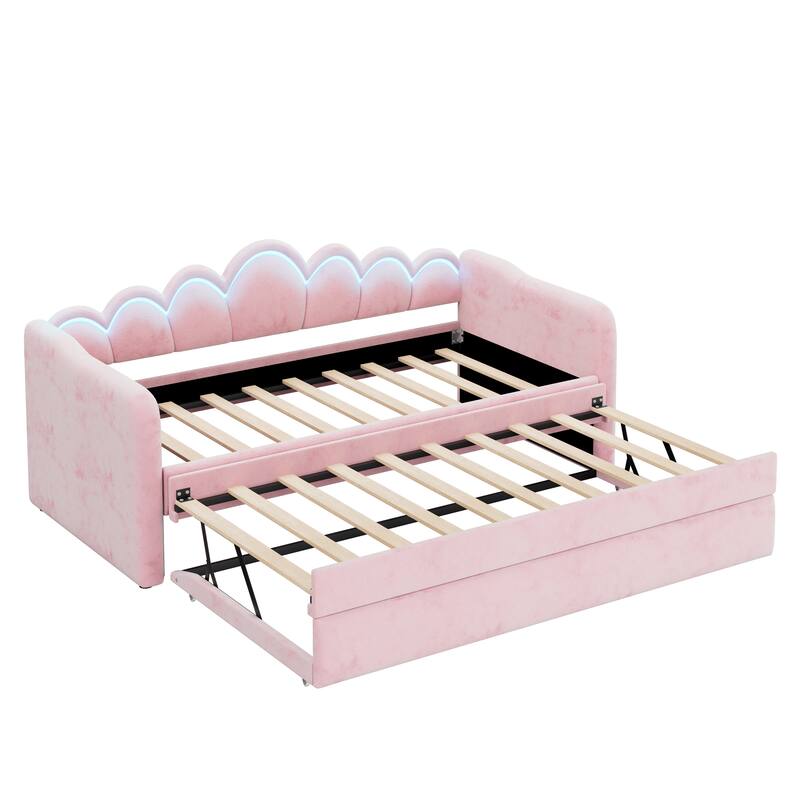 Twin XL Velvet Upholstered Daybed with Pull-Out Trundle and Wave Backrest LED Light