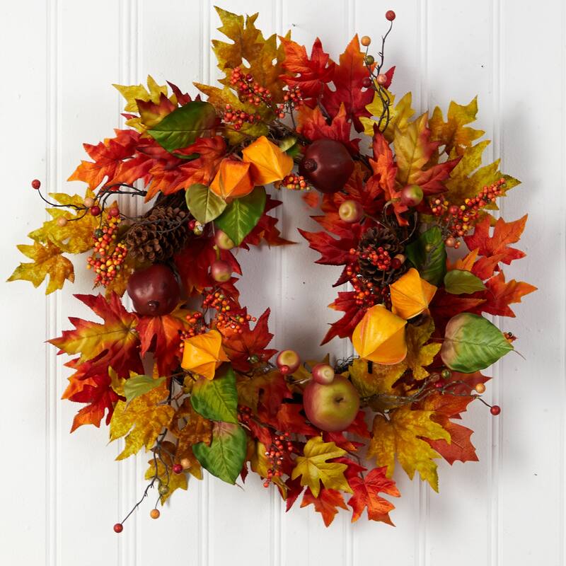 24" Autumn Maple Leaf and Berries Fall Artificial Wreath - 24
