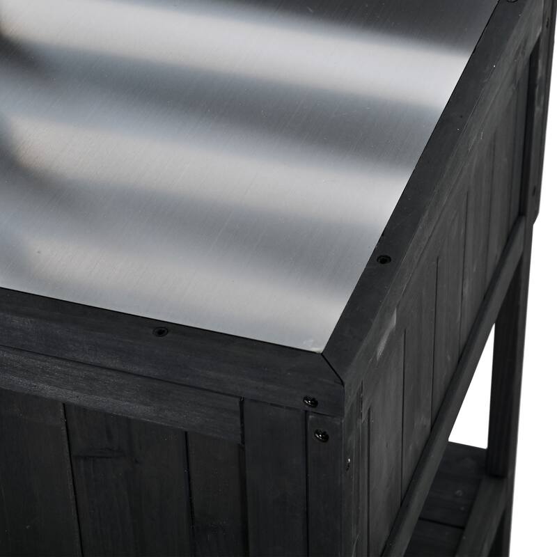 Solid Wood 62.3'' Patio Kitchen Island Kitchen Cart with Stainless Table Top, Garden Potting Bench with Raised Shelf and Drawers