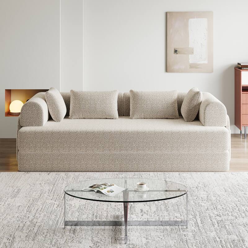 Chenille Convertible Sleeper Sofa Bed, Folding Sofa Bed with Cylindrical Pillow, Floor Upholstered Sofa with Side Pocket