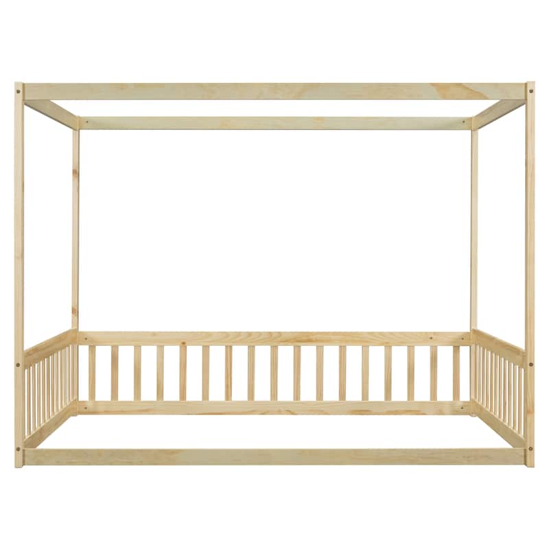 Natural Full Size Pine Wood Canopy Frame Floor Bed with Fence and Guardrails for Bedroom
