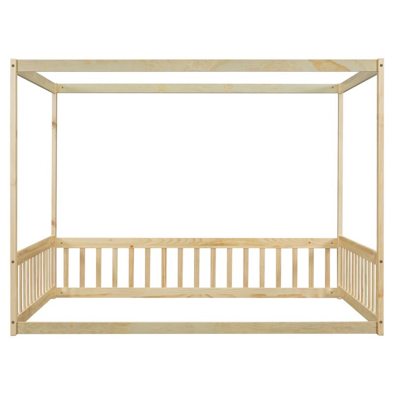Pine Wood Canopy Frame Floor Bed with Fence and Guardrails for Bedroom