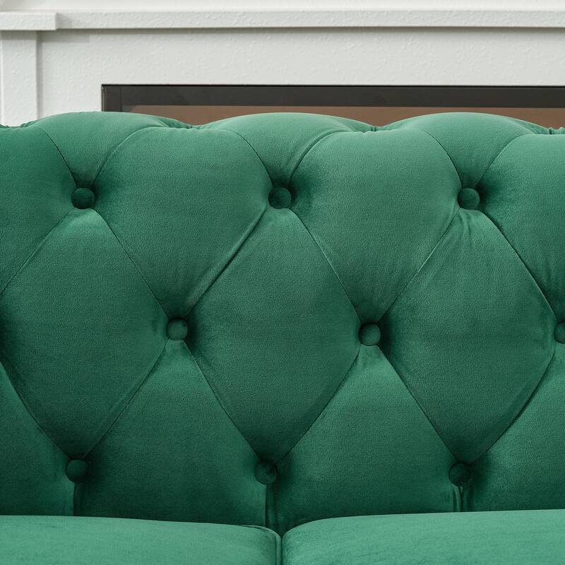 Velvet Upholstery Fabric 2-Seater Sofa with Rolled Armrests and Rivet Embellishments, for Living Rooms, Green