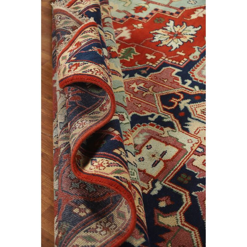 Medallion Heriz Serapi Large Rug Hand-Knotted Orange Wool Carpet - 9'9" x 13'8"