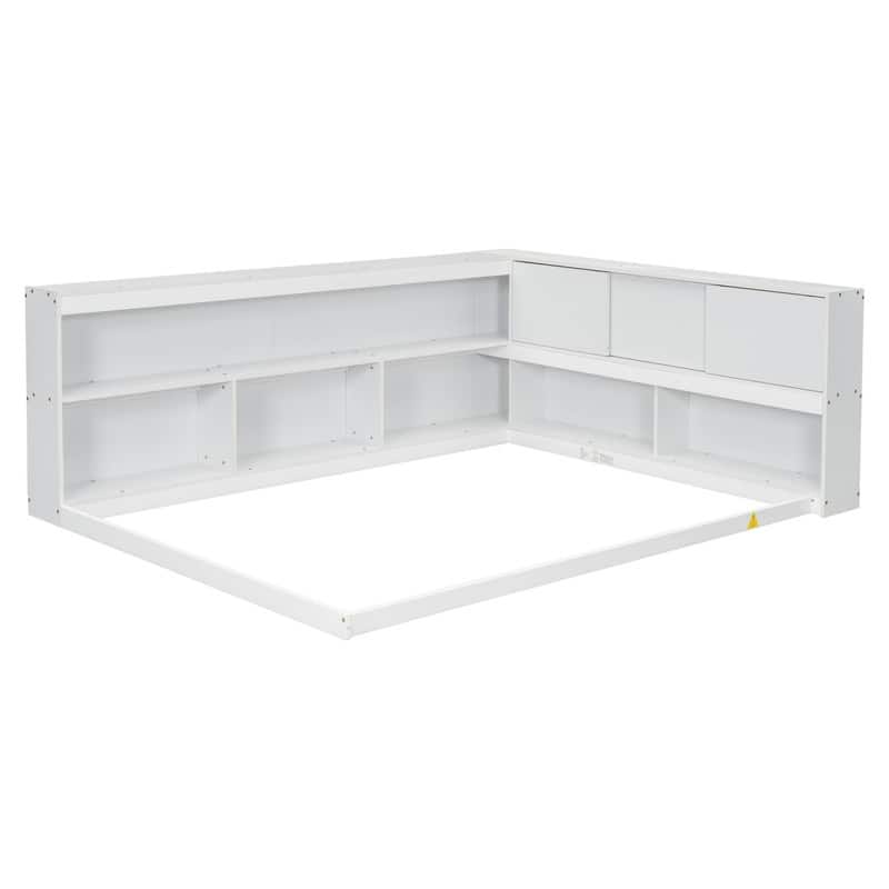 Full Floor Bed Frame with L-shaped Bookcases, Sliding Doors,without Slats - White