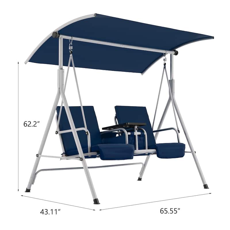 Outdoor Swing with Stand, Canopy, Pivot Table & 2 Cup Holders - Patio, Balcony, Bedroom