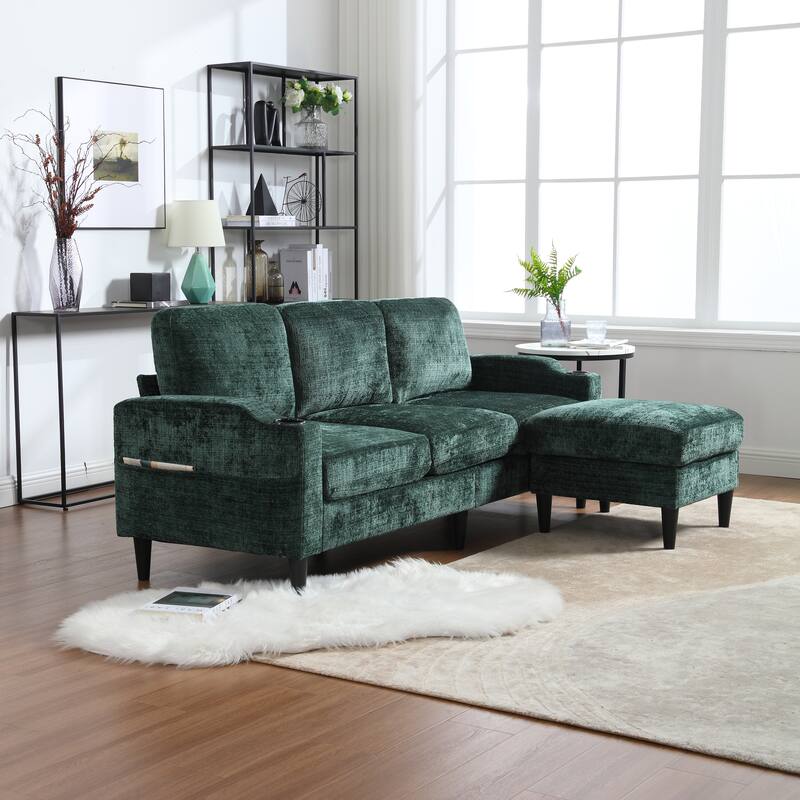Modular Sectional Sofa with Storage Ottoman, Comfy Chenille Fabric Sofa, 3-Seater Sofa with Side Pockets & 2 Cup Holders