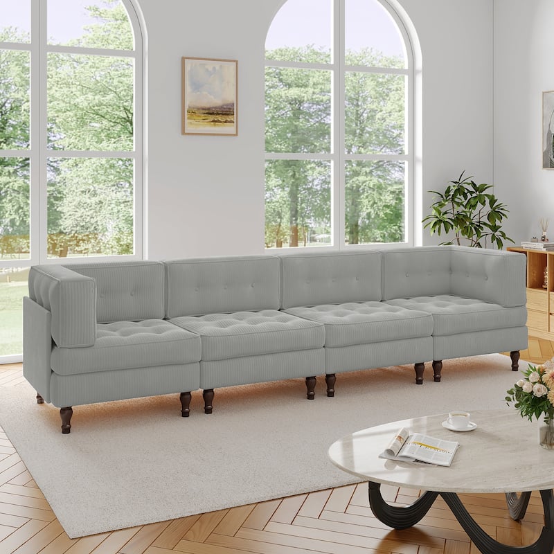 UIXE 4-Piece Corduroy Upholstered Modular Sectional Sofa for Living Room - Light Grey