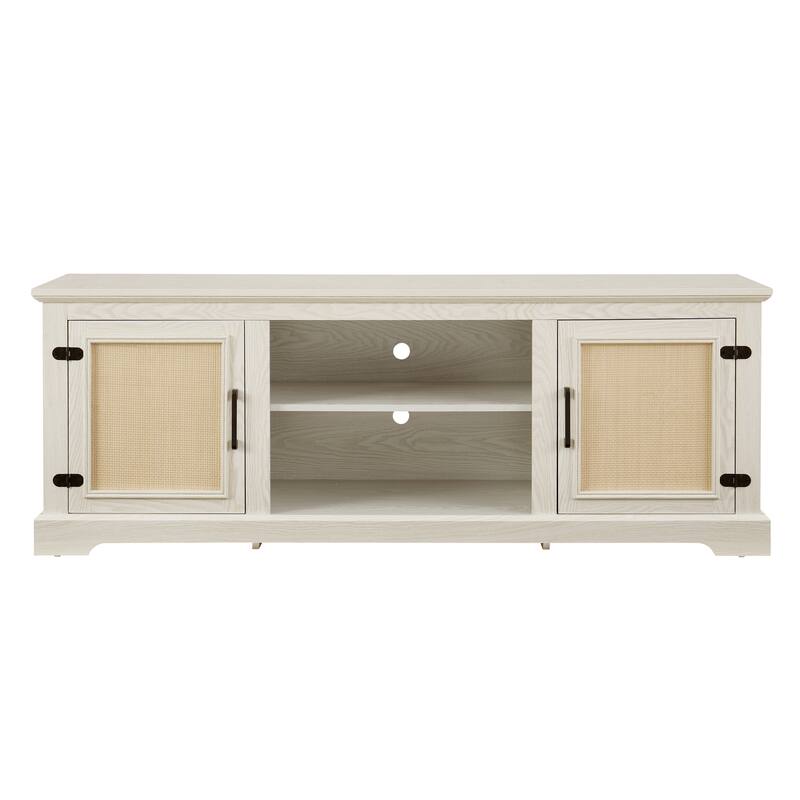TV Stand for TVs up to 70" with Natural Rattan Doors, 2 Storage Cabinets, 3 Adjustable Shelves, Multifunctional Console Table