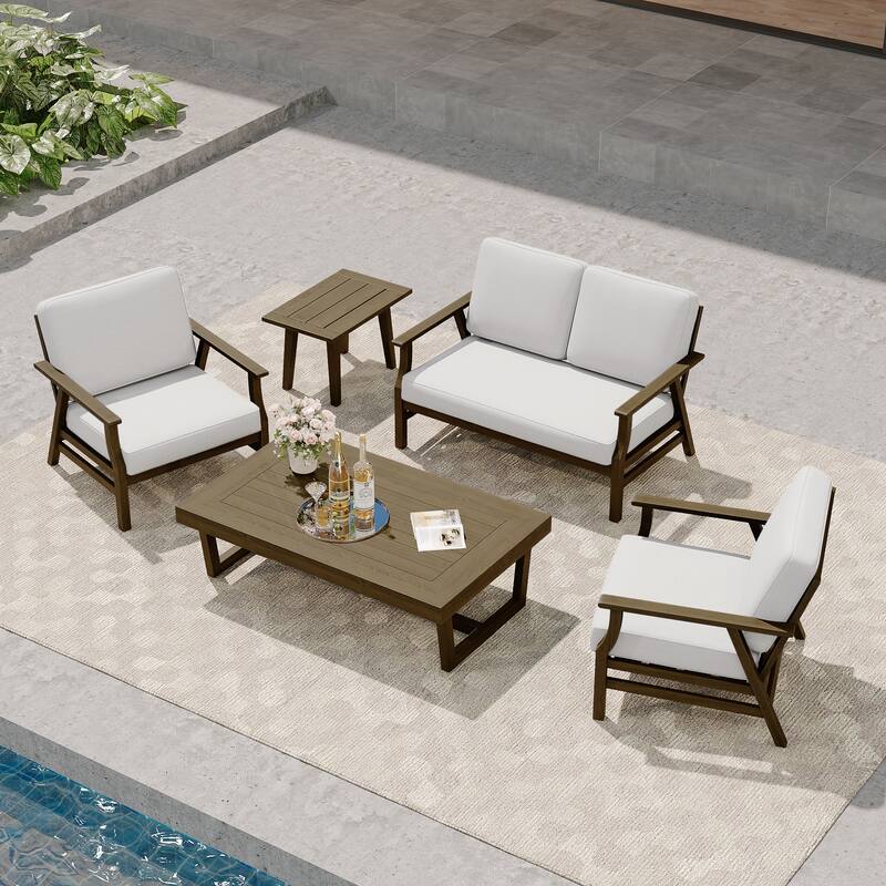 Modern Wood Cushioned Outdoor Patio Sofa Loveseat with Coffee Table