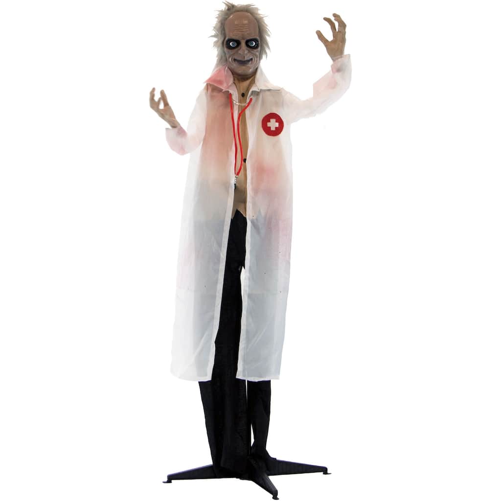 Haunted Hill Farm 5.4-Ft. Animatronic Doctor, Indoor/Covered Outdoor Halloween Decoration, Red LED Eyes, Laughing