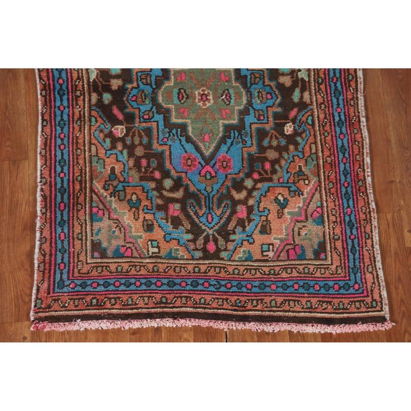 Geometric Hamedan Persian Vintage Runner Rug Handmade Wool Carpet - 3'1"x 10'3"
