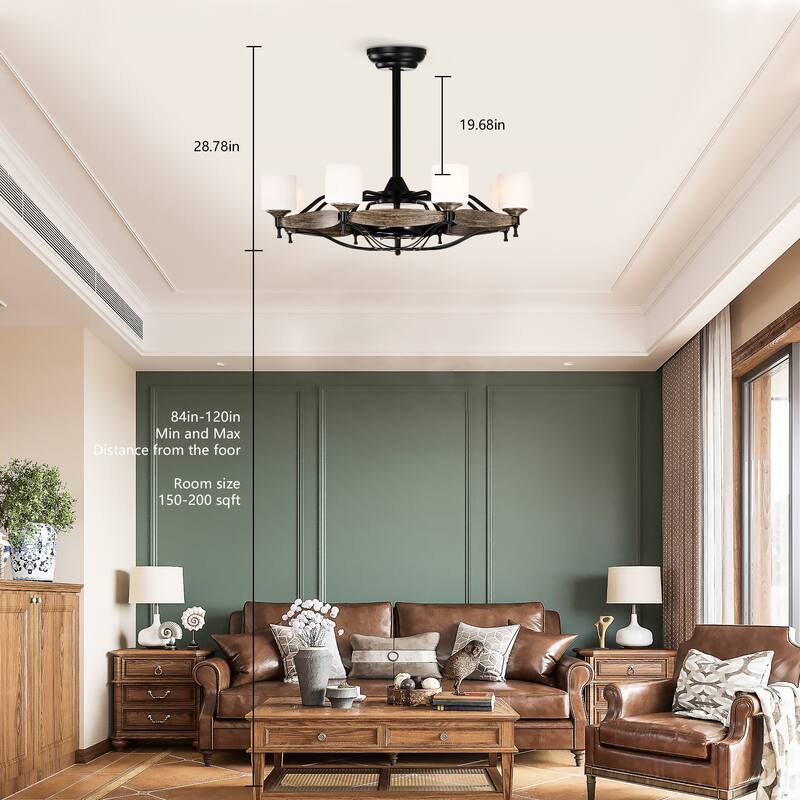 Dia 33 inch Chandelier Ceiling Fan for Bedroom Dining Room Living Room Kitchen Farmhouse Entry,Matte Black+ Wood Grain