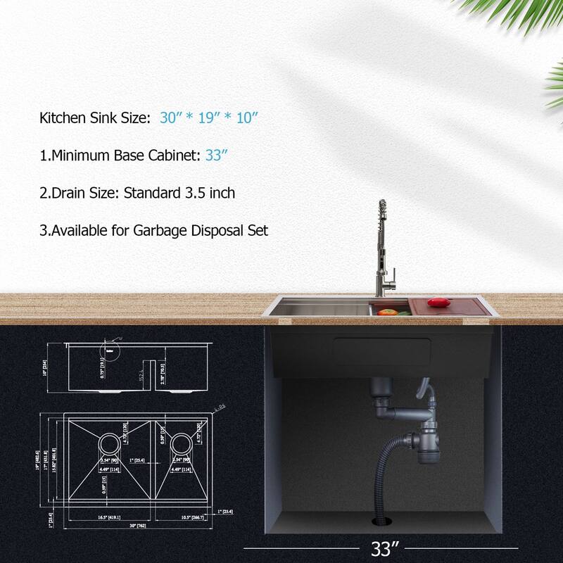 30-inch Undermount Kitchen Sink Low Divide Double Bowl 50/50 Prep Workstation Sink 16 Gauge Stainless Steel Kitchen Sink Basin