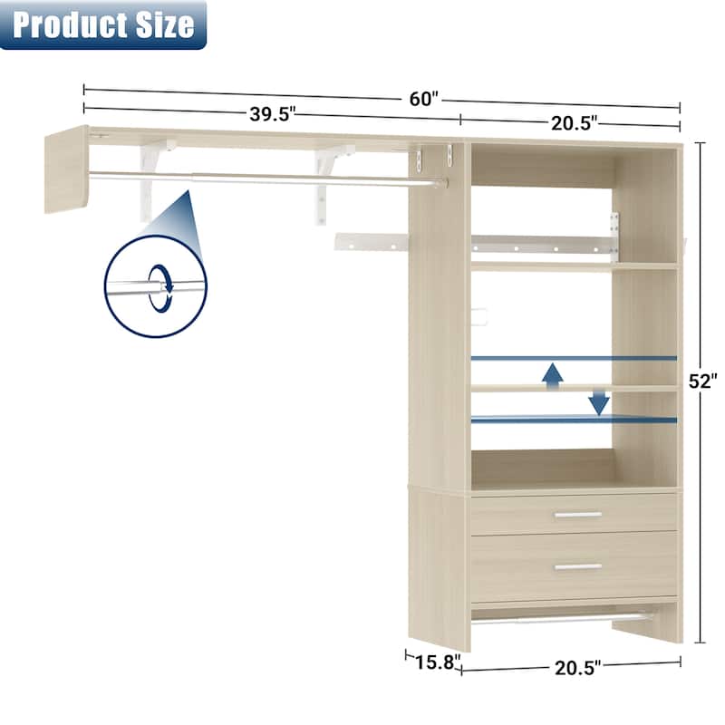 Rackcog Laundry Room Organizer with Drawers, Wall-mounted Closet System with Hanging Rods