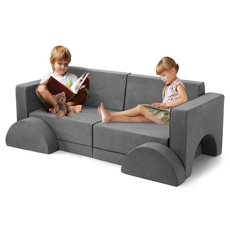 10pcs Kid's Play Couch, Multifunctional Modular Kid Convertible Sofa for Playroom, Indoor Toddler Couch for Boys Girls - 25.6"D x 60.2"W x 20.9"H - Dark Grey