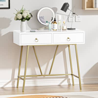 Anmytek Modern Home Office Desk 35.4" Makeup Vanity Table White 2 Drawers Writing Computer Desk with Golden Legs