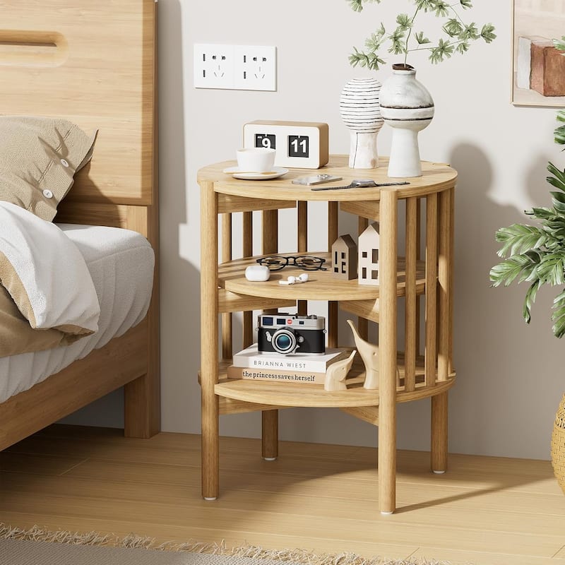 Modern Wood Nightstand with Open Storage, Round End Table for Living Room, Bedroom - Natural Maple