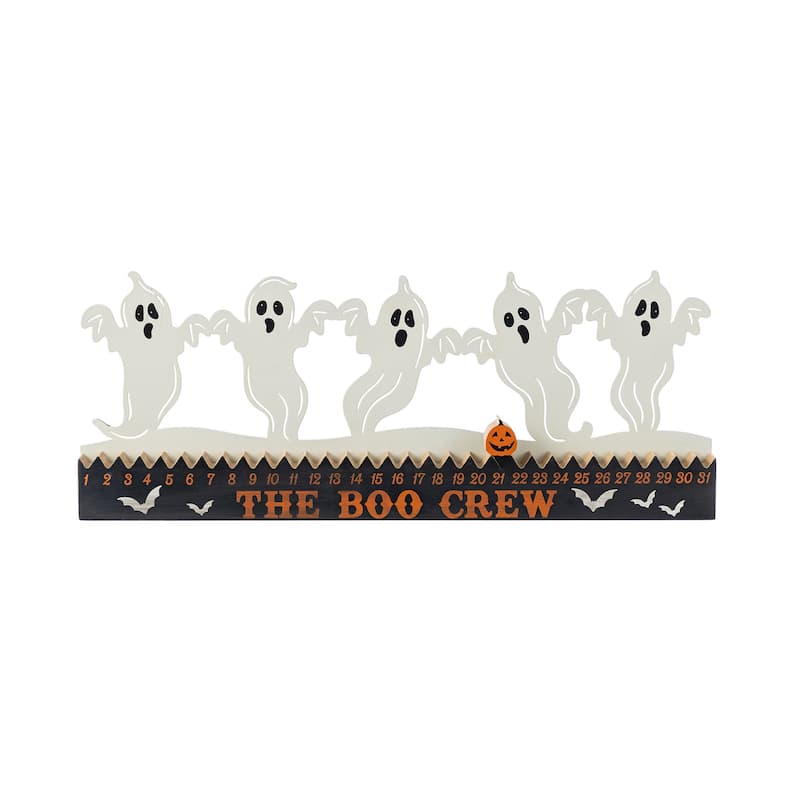 Glitzhome 18"L Happy Halloween Wooden Metal Dancing Witch or Ghost Countdown Calendar Table Decor