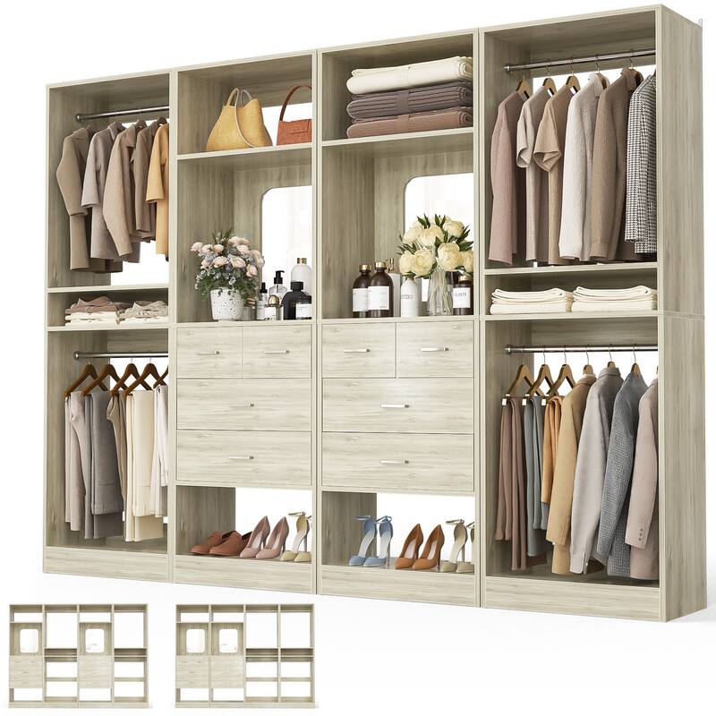 Set of 4 Closet System with 4 Drawer and Hanging Rods, Freestanding Closet Organizer with Storage Shelves