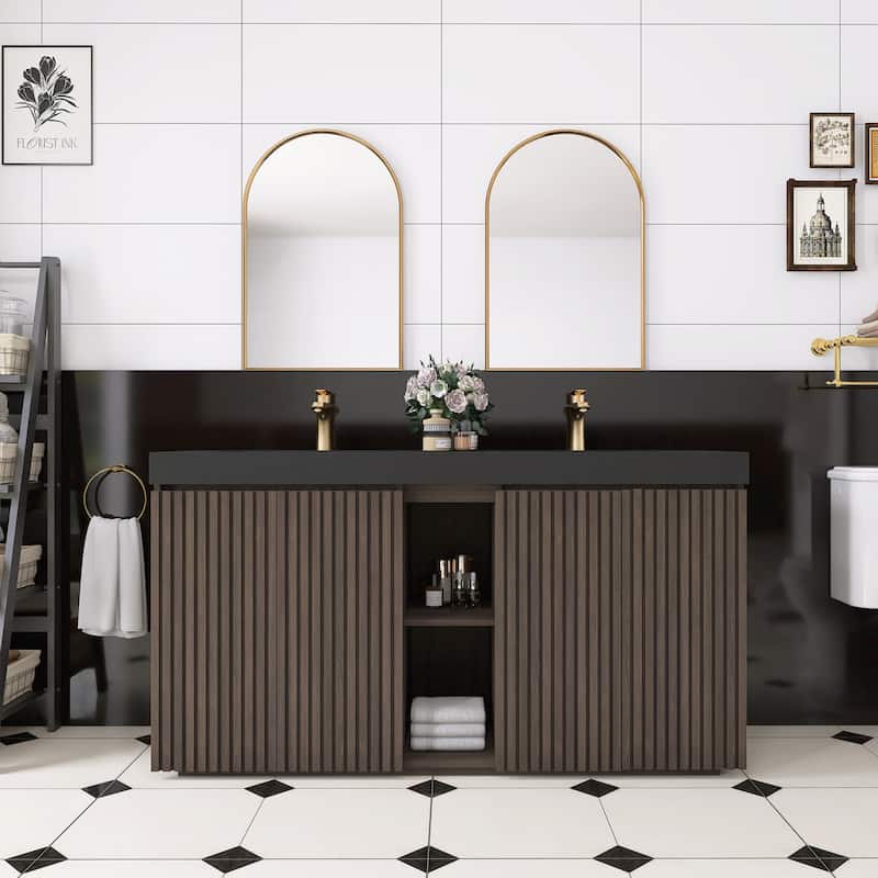 59.6'' Freestanding Bathroom Vanity with Black Integrated Solid Surface Sink in Smoked Oak - 59.49'' x 19.11'' x 36.45'' - 59.49'' x 19.11'' x 36.45'' - Wood Finish - Smoked Oak