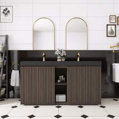 59.6'' Freestanding Bathroom Vanity with Black Integrated Solid Surface Sink in Smoked Oak - 59.49'' x 19.11'' x 36.45''