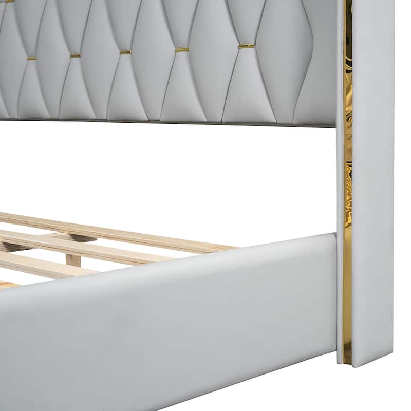 Modern Upholstered Platform Bed with Metal Strips