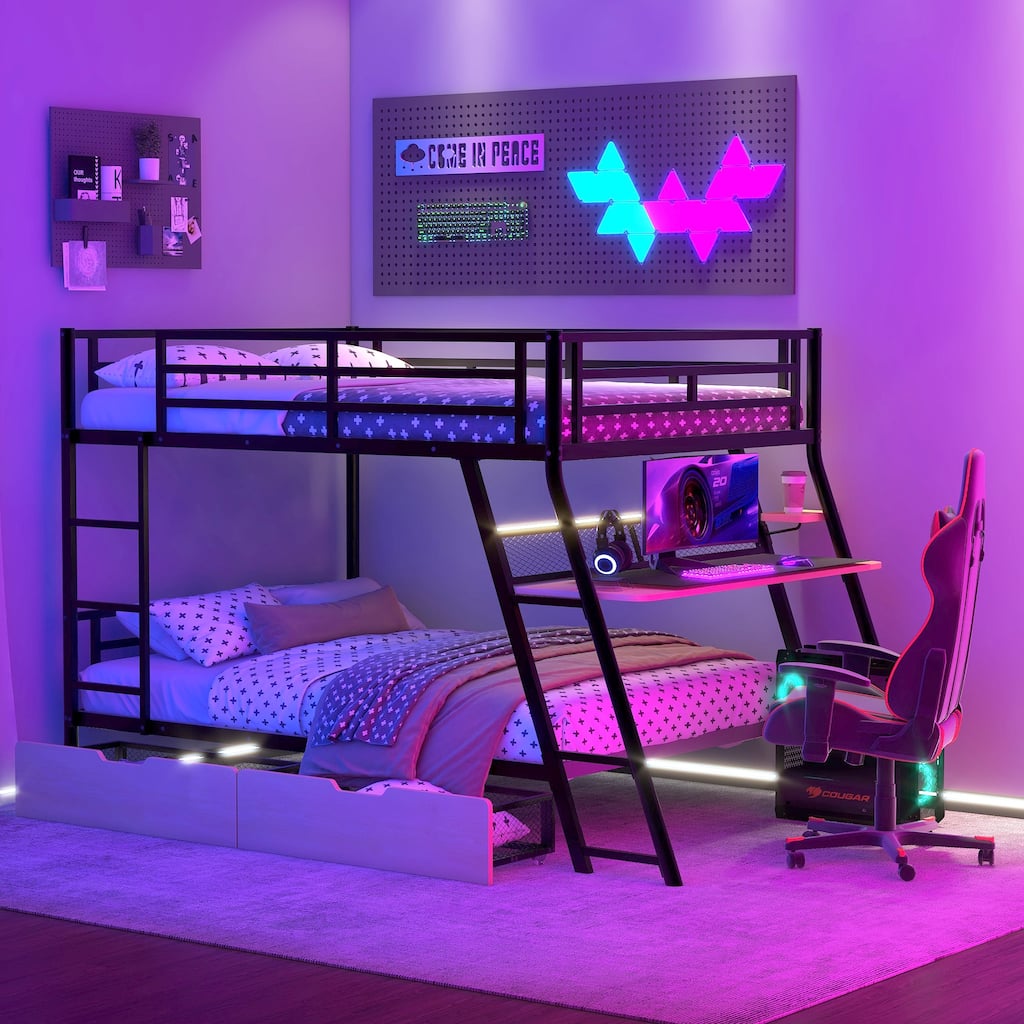 Black Full Metal Bunk Bed with Desk, Light Strip, and Drawers