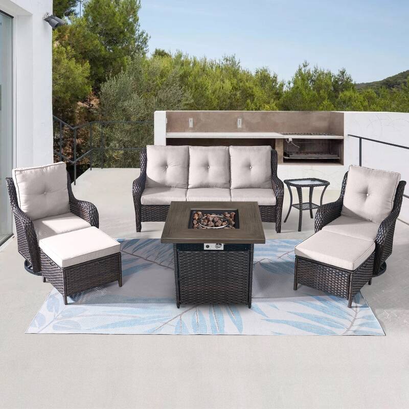 Gymojoy Outdoor Furniture Set with 50,000 BTU Fire Pit Table - Brown - Beige