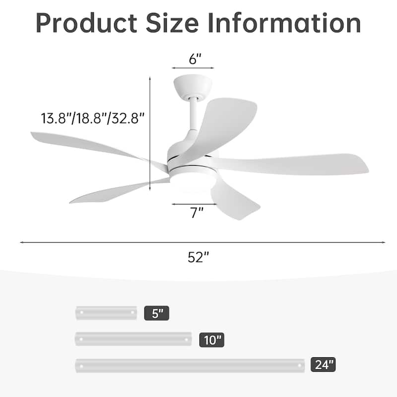 45 Inch / 52 Inch White Ceiling Fan with Dimmable LED Light and Remote, 6-Speed Reversible DC Motor, ABS Blades
