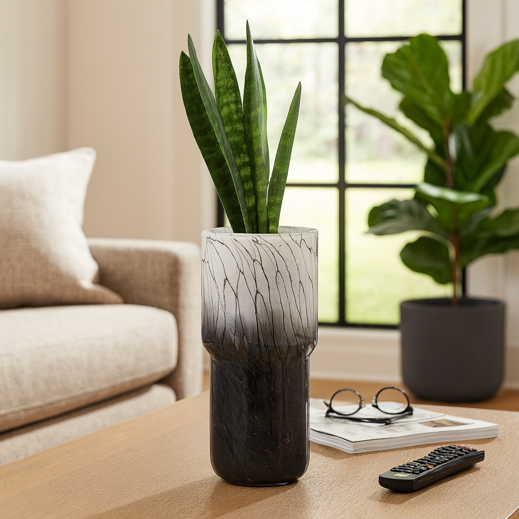 Decorative Vase - Black Glass Cracked Pattern, 12 in.