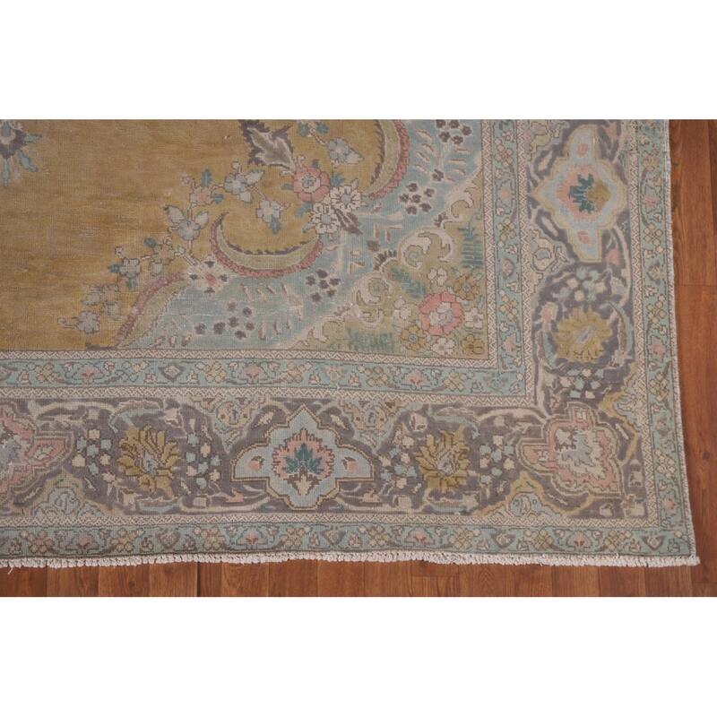 Hand Knotted Oriental 100% Wool Carpet Traditional Medallion Yellow & Gold Tabriz Area Rug - 11' 0'' X 8' 3''