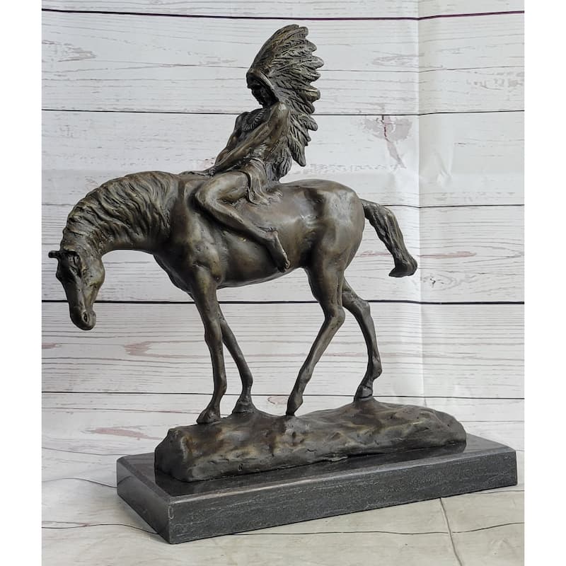 Native American Indian On Imitative Horseback Bronze Sculpture Statue Figure On Marble Base