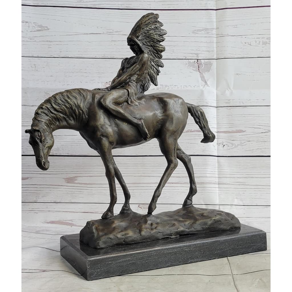 Native American Indian On Imitative Horseback Bronze Sculpture Statue Figure On Marble Base