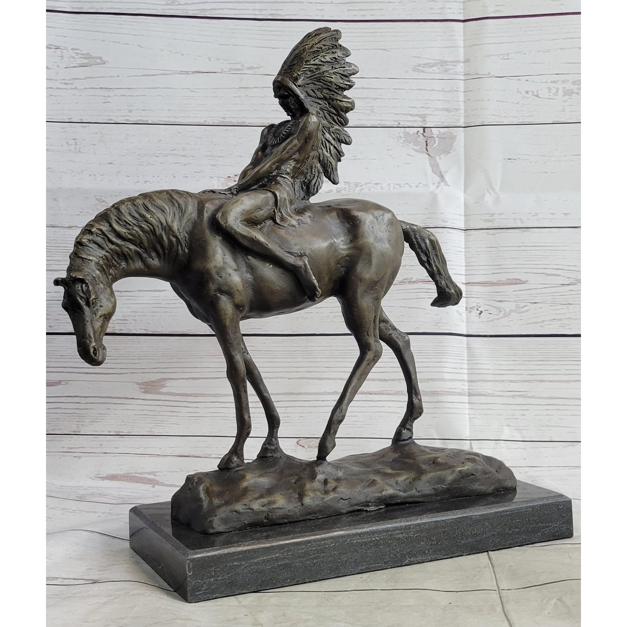Native American Indian On Horseback Bronze Sculpture Statue Figure On Marble Base