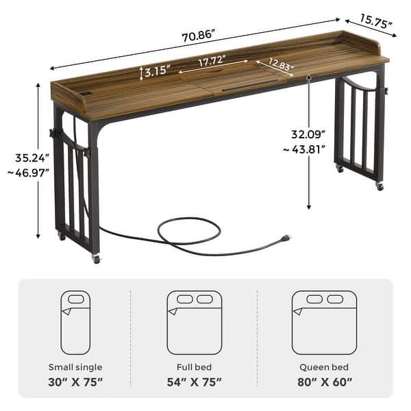 dimension image slide 1 of 2, 71 inch Overbed Table with Height Adjustable & Power Outlet, Queen Size Bed Table