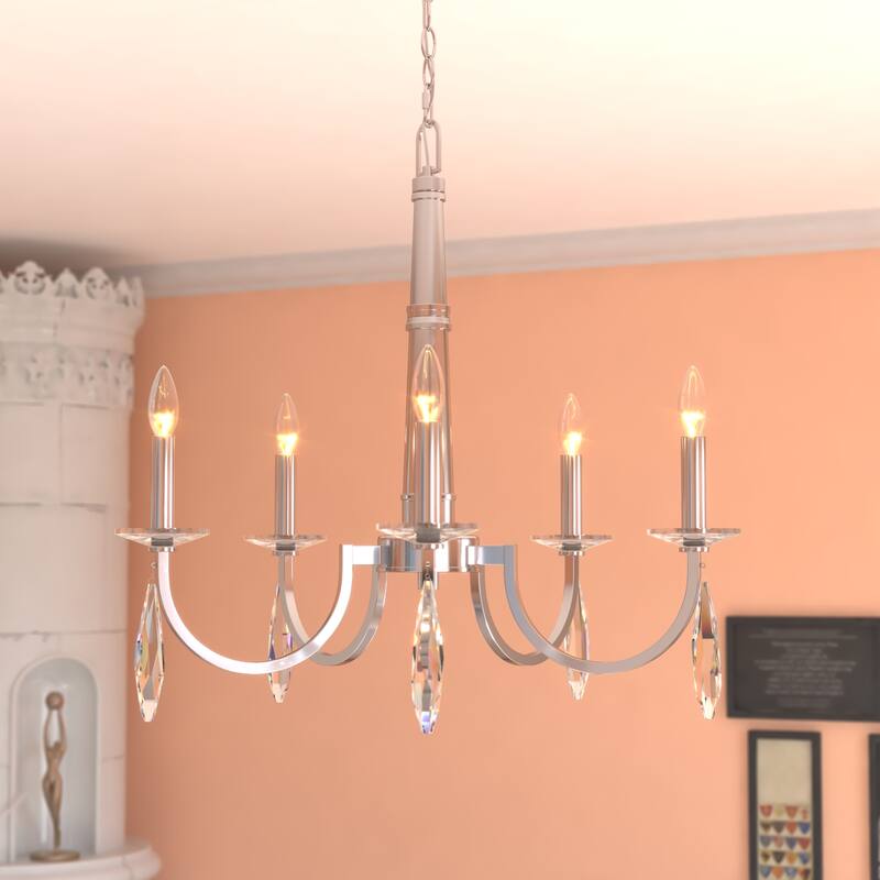 Hoyne 5 Light Crystal and Satin Nickel Candle Chandelier - 25-in W x 24.25-in H x 25-in D - Polished Nickel - 25-in W x 24.25-in H x 25-in D