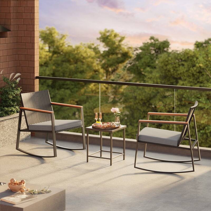 3 Piece Rocking Patio Bistro Set Wicker, Rocking Chair Pub Set with Glass Table