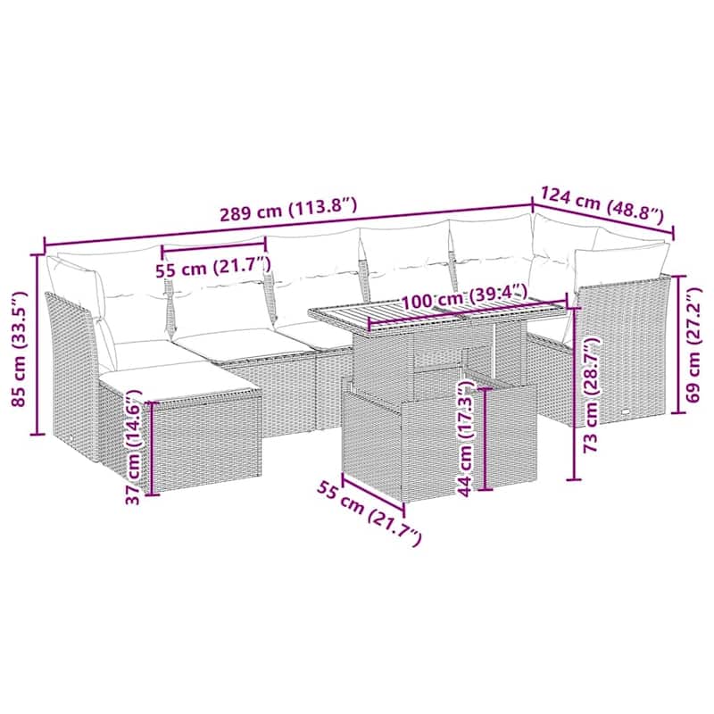 vidaXL Patio Sofa Set with Cushions Outdoor Furniture 8 Piece Poly Rattan - 21.7 x 39.4 x 28.7 in