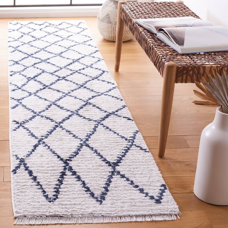 SAFAVIEH Augustine Kusum Boho Trellis Fringe Rug - 2' x 9' Runner - Ivory/Navy