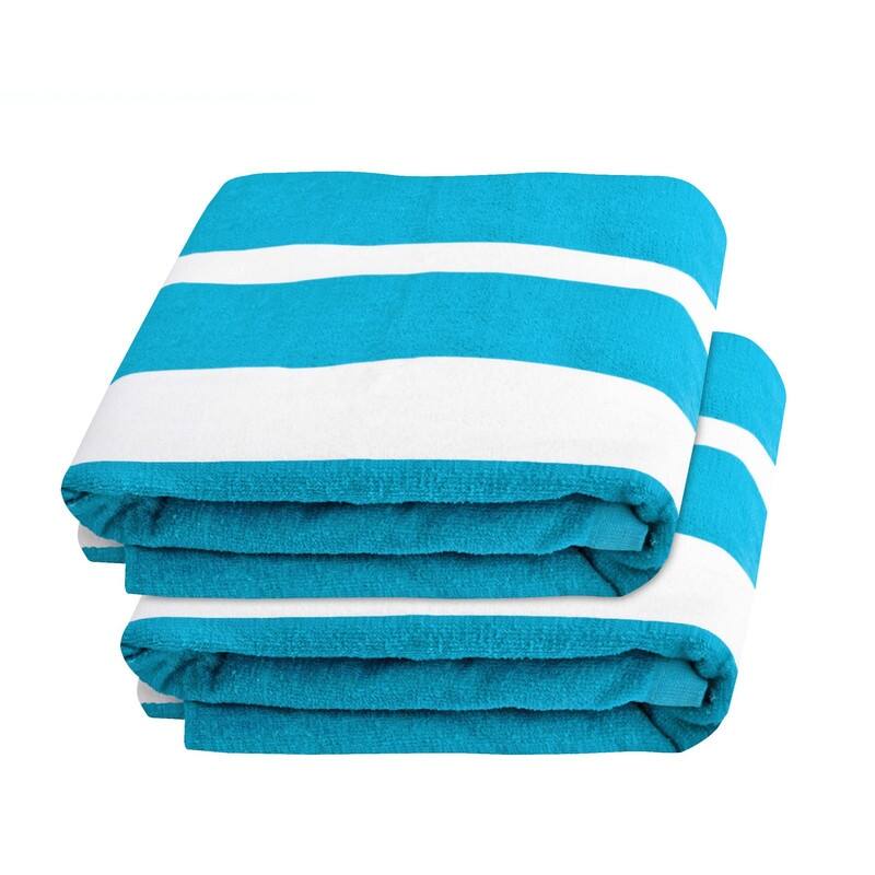 100% Cotton Cabana‑Stripe Lounge Chair Cover Terry Towel with Fitted Pocket & Back Flap Set of 2