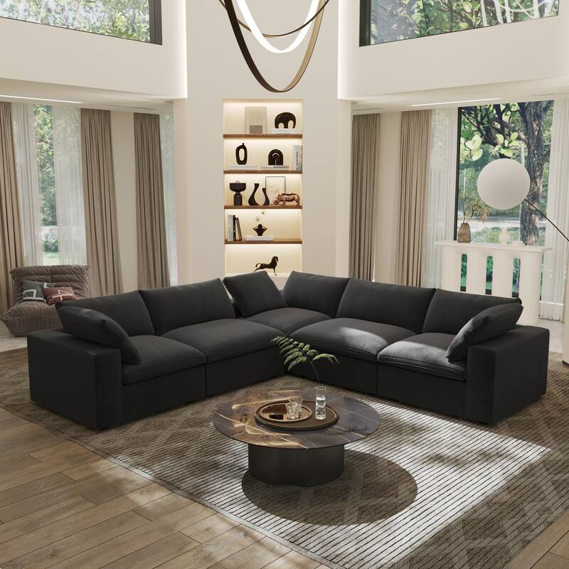 V-shaped Large Corner Sectional Sofa Modern Upholstered Couch - Black without ottoman