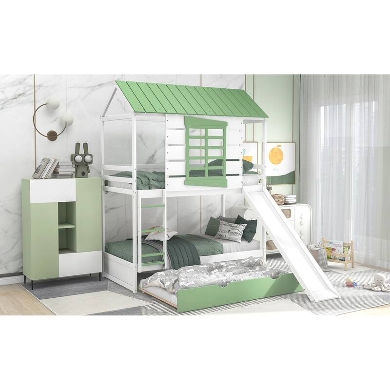 White+Green Twin Over Twin Pine House Bunk Bed with Trundle, Slide, and Windows